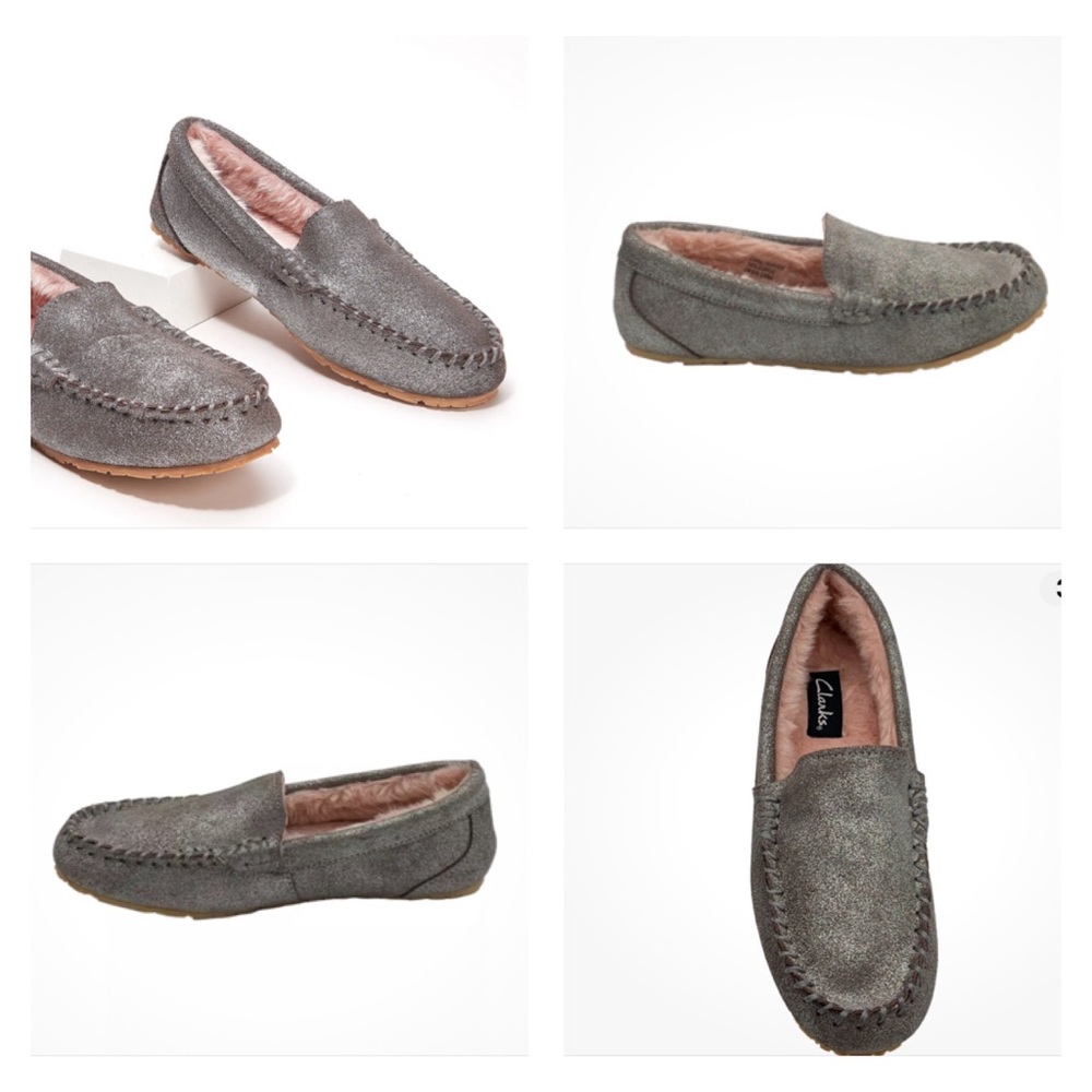 NWOT Clarks ‘Venetian’ Silver Leather Faux Fur Lined Moccasin Slippers